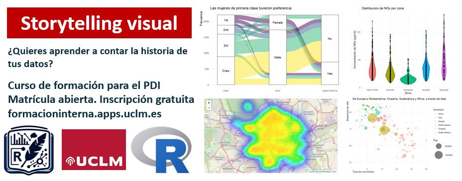 🗂️ Plan de formación e innovación del #PDI de la <a href="/uclm_es/">Universidad de Castilla-La Mancha</a> 
💡¡Abierta la inscripción del #Curso “Storytelling visual con R” <a href="/uclm_es/">Universidad de Castilla-La Mancha</a> <a href="/VicDocenciaUCLM/">@VicDocenciaUCLM</a> <a href="/GardeJulian/">Julian Garde</a> <a href="/gema_faviles/">Gema Fernández-Avilés Calderón</a> 
ℹ️Información e inscripciones 👉formacioninterna.apps.uclm.es