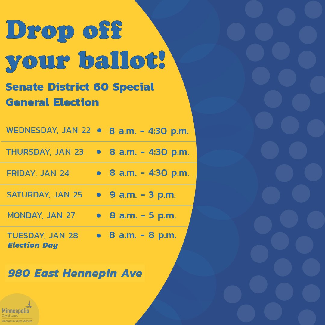 If you are voting by mail, make a plan to drop off your ballot at our office at 980 E Hennepin Ave during office hours to make sure it arrives on time. Weekday hours are Monday to Friday, 8 a.m. to 4:30 p.m.