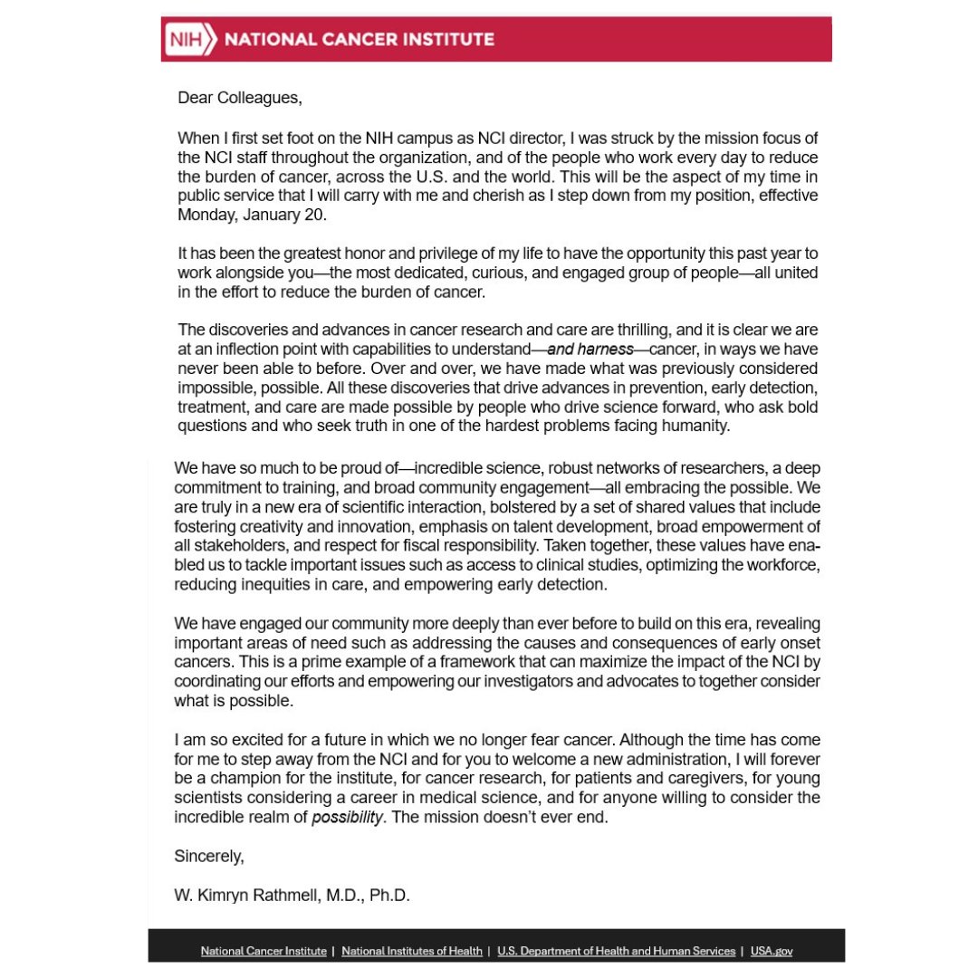 National Cancer Institute (@thenci) on Twitter photo Dr. W. Kimryn Rathmell will step down as <a href="/NCIDirector/">Dr. Kimryn Rathmell</a>, effective Monday, January 20. Read Dr. Rathmell’s thoughts in her announcement below. Dr. W. Kimryn Rathmell will step down as <a href="/NCIDirector/">Dr. Kimryn Rathmell</a>, effective Monday, January 20. Read Dr. Rathmell’s thoughts in her announcement below.