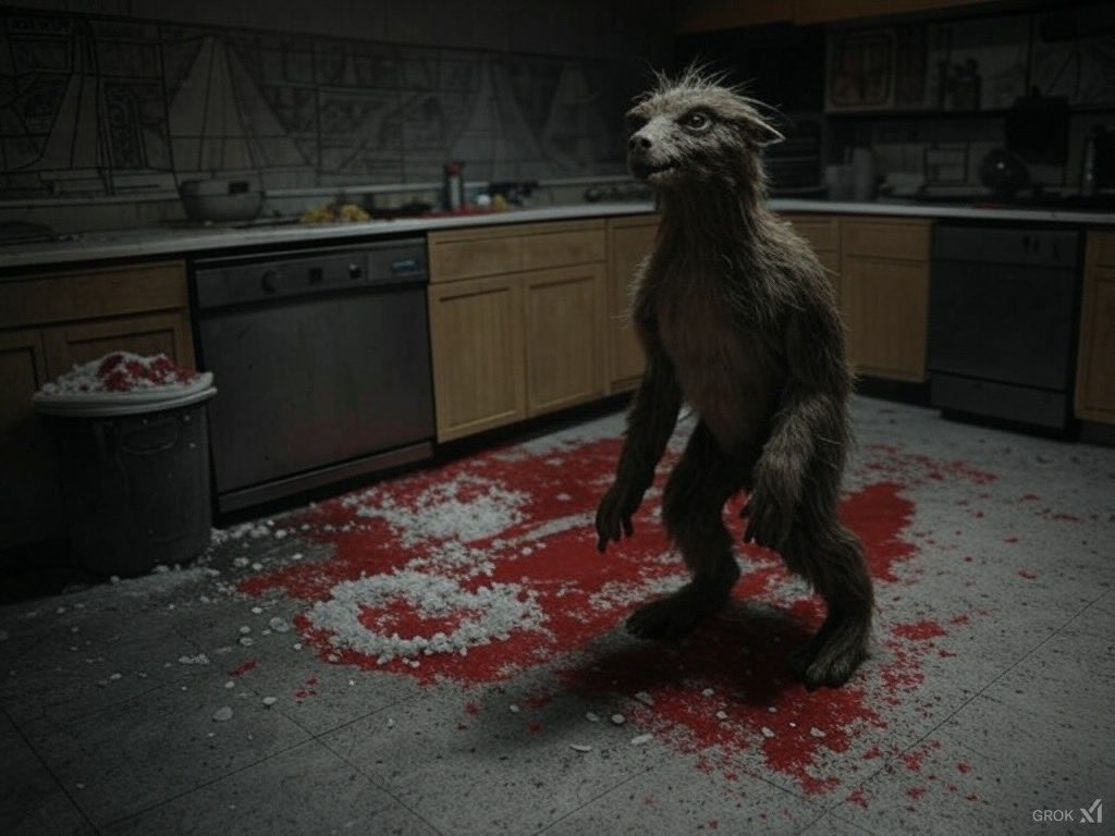 Nachokeys21's tweet image. #HorrorPrompt 

‘Chupacabra’ 

I stepped in, barefoot on cold linoleum,
couldn’t’ve been lived in,
a Mesoamerican backsplash
depicting the step pyramids
of Tenochtitlan,
and my pulse throbbing 
in the palm of my hand;
I felt the chaos of the kitchen,
entrails in the waste bin—