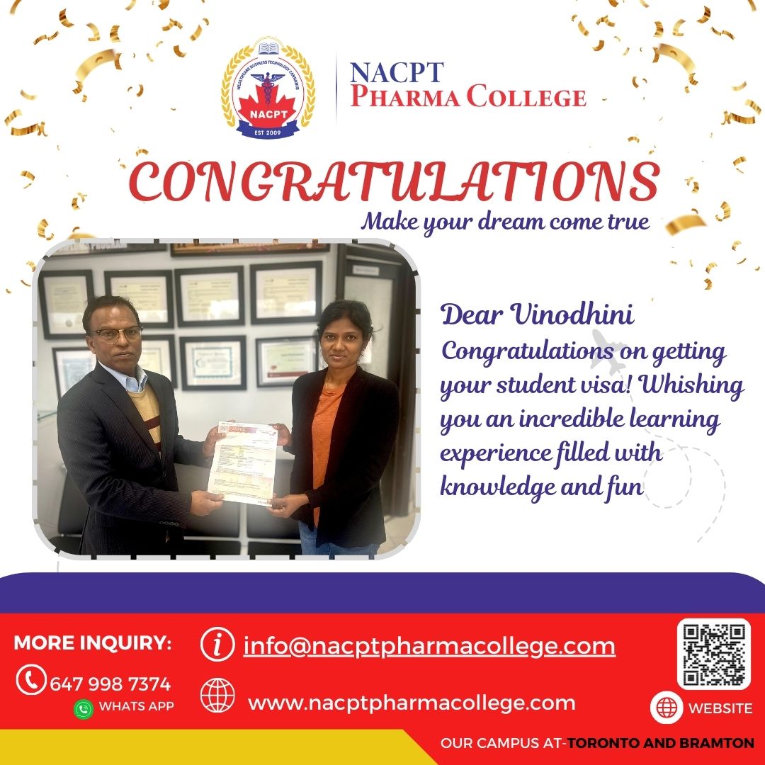Dear vino,
Congratulations on getting your student visa! Your dream of studying abroad is now a reality. Wishing you an incredible learning experience filled with knowledge and fun! 

 nacpt.ca
+1 (647) 998-7374 

 “Your Success is Our Mission”
 #nacptpharmacollege