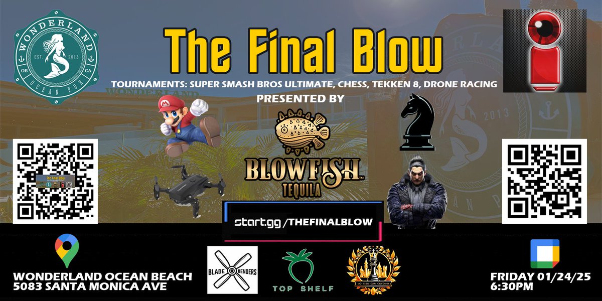 Tournament in San Diego next Friday (1/24)!

Now featuring not only smash, but also:
Tekken 8
Drone racing
Chess

See you all in Ocean Beach next Friday!
start.gg/tournament/the…

<a href="/DaneHenderson7/">The Redination - Dane Henderson</a> <a href="/topshelfesports/">Top Shelf Esports</a> <a href="/wonderlandob/">Wonderland OB</a> <a href="/blowfishtequila/">BlowFish Tequila</a> <a href="/BrickdUpSeries/">Brick’d Up</a> <a href="/SDSmashUlt/">San Diego Smash</a>
