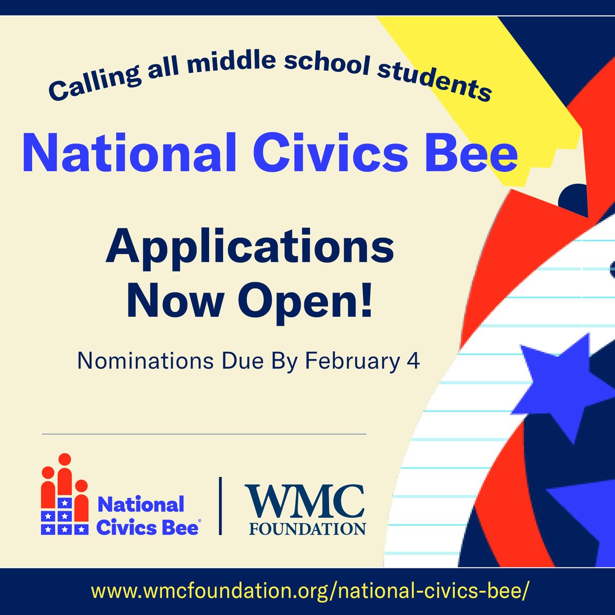 Calling all middle school students! Submit an essay to your local chamber of commerce by February 4 for a chance to participate in the National Civics Bee. Learn more: wmcfoundation.org/national-civic…