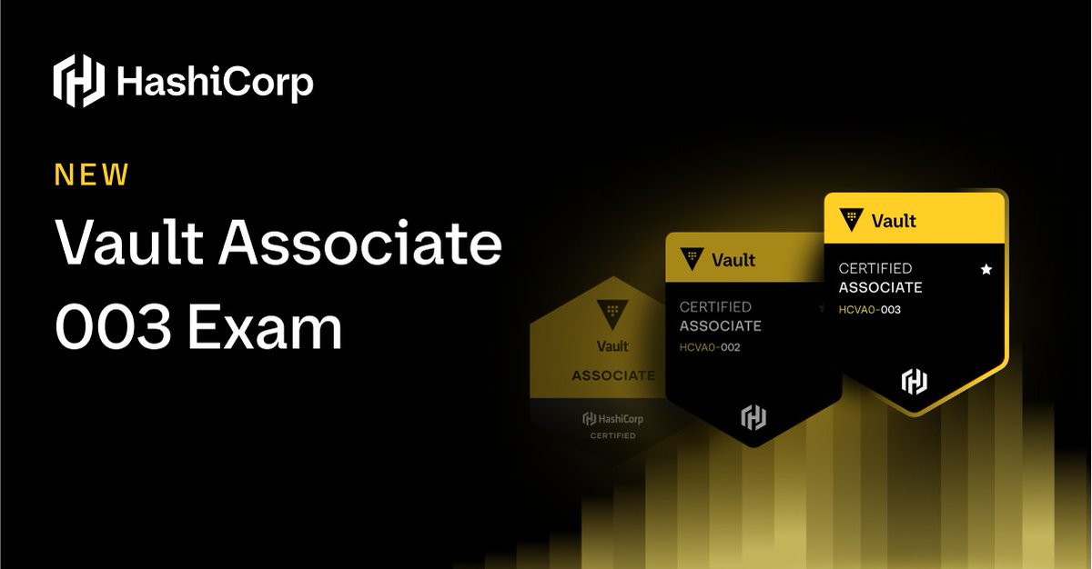HashiCorp's tweet image. We're refreshing the HashiCorp Certified: Vault Associate exam! The new Vault Associate 003 reflects the latest advancements in Vault, preparing you with the skills to succeed.
🔑 What’s New?
Expanded topics, including two new exam areas
Coverage of Vault 1.16 features
New…