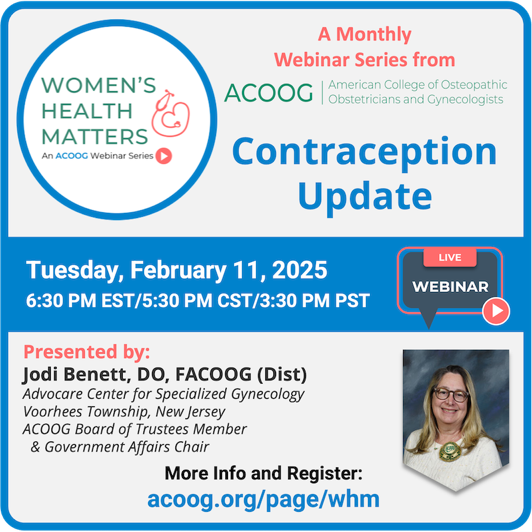 ACOOG1934's tweet photo. CME Webinar: CONTRACEPTION Update with expert OBGYN Jodi Bennett, DO, FACOOG (Dist.) 
2/11@5:30PM Central

Details &amp; REGISTER: https://t.co/BDEehjuwrd 
FREE for members of ACOOG
Non-Members: $35 https://t.co/akUcXxkare