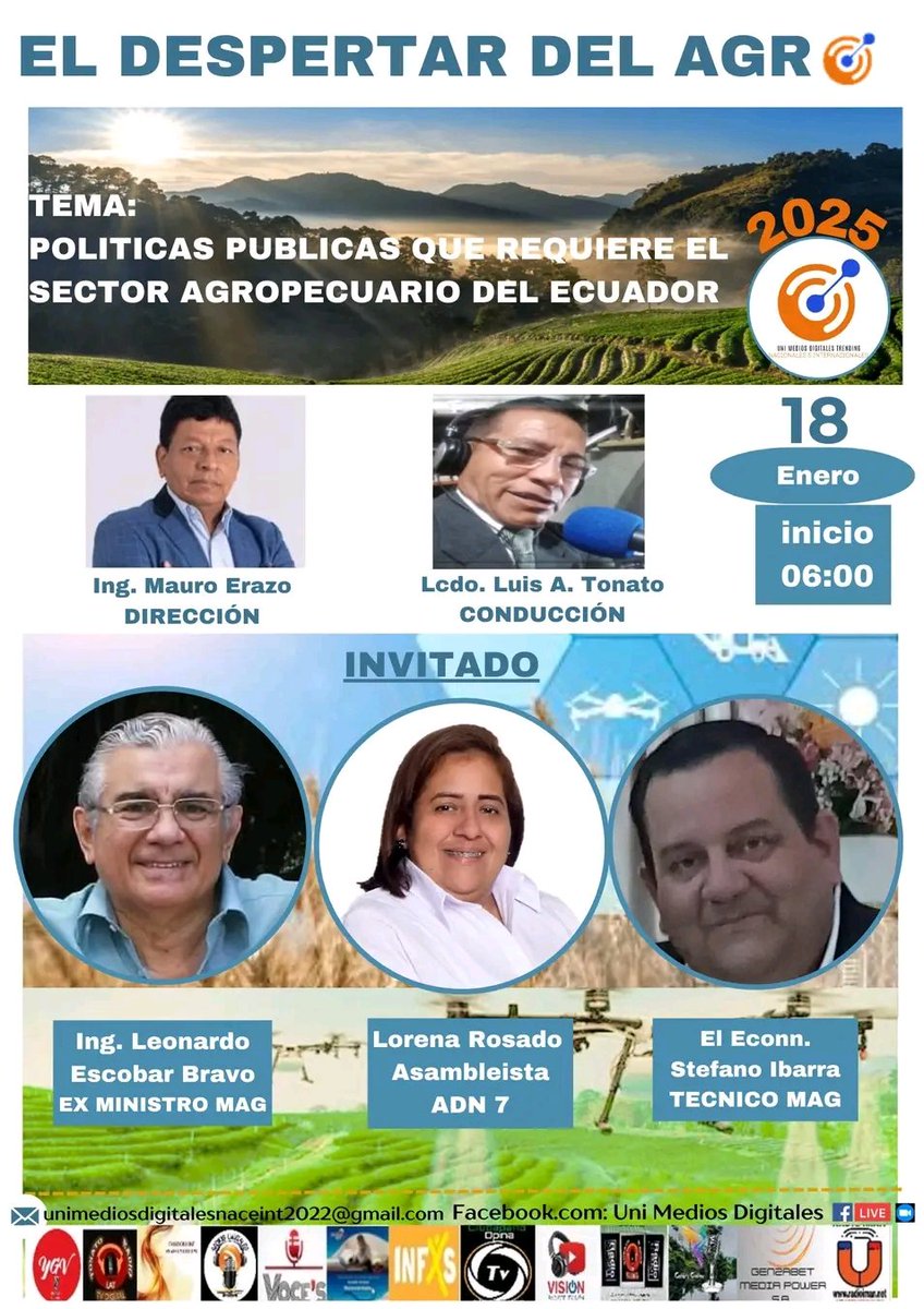 Sábado 18 de 06h00/08h00
<a href="/AProductivos/">Actores Productivos</a> <a href="/LorenaRosadoS/">Lorena Rosado Sánchez</a> <a href="/stefanoibarra75/">Ec.Agric. Stefano Ibarra Tello</a> <a href="/PichiCastroD/">Dr. Guillermo Castro Dáger</a> <a href="/juca69ec/">Juan Carlos Mestanza</a> <a href="/vmestanza59/">Victor Mestanza A.</a> <a href="/DanielNoboaOk/">Daniel Noboa Azin</a> <a href="/Presidencia_Ec/">Presidencia Ecuador 🇪🇨</a> <a href="/conseagro/">Mauro Erazo Velez</a> <a href="/cchiribogar/">Ab Carlos Chiriboga Romo</a> <a href="/EmmaV_R/">Emma Villavicencio Ruilova💙</a> <a href="/kerlyfl/">Kerly</a> <a href="/nismopower00/">Gian Carlo Antunez</a> <a href="/faustoperezv/">Fausto Perez V</a> <a href="/Fenabe_Ec/">Federación Nacional de Bananeros</a> <a href="/franktor30/">Frank Torres</a> <a href="/LaNacion_Ec/">La Nación Ecuador</a> <a href="/ANECAFE_Ecuador/">ANECAFÉ</a> <a href="/Anecacao_Ecu/">ANECACAO ECUADOR</a>