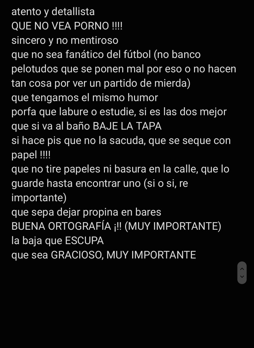2S0EP's tweet photo. este es mi momento para sacar la lista de las cosas que tiene que tener o no tener un varón para llegar a SÓLO INTERESARME, la hice hace unos meses atrás y cada vez le agrego más cosas https://t.co/L6KGBCPlMn