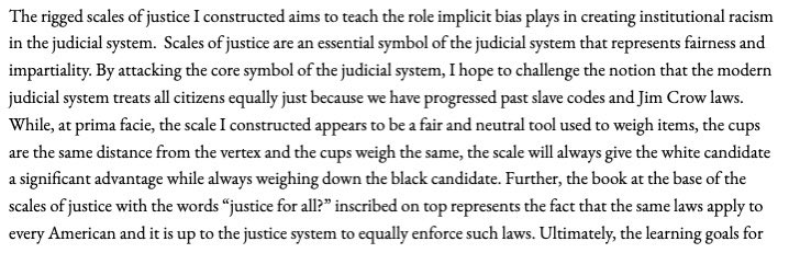 For my course, I took point from <a href="/hakeemjefferson/">Hakeem Jefferson</a> and assigned my students creative projects that aim to convey a course concept to an “outsider.” One student created these rigged scales of justice which are now featured in my office. Their write up was equally impressive.