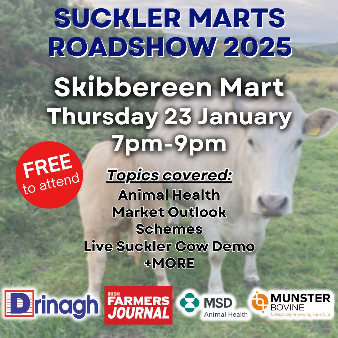 ❗️Next Thursday❗️Pop this into your diaries!📆
The #Suckler Roadshow is coming to #Skibbereen Mart📍
🐮Dosing, winter #health, #calf health tips
🐮Live demos showcasing suckler #animals -cow&amp;calf pairs &amp; high quality weanlings
🐮Q&amp;A session
All are welcome to attend!
#farmfriday