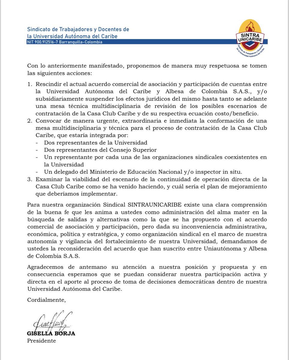 SINTRAUNICARIBE ha Sido enfático en rechazar contrato con Albesa SAS y ante la queja presentada por la corporación educativa Formar,  reiteramos nuestra solicitud al rector <a href="/JorgeSeniorUac/">Jorge Senior UAC</a> de rescindir el contrato e instalar una mesa técnica plural y multidisciplinar.