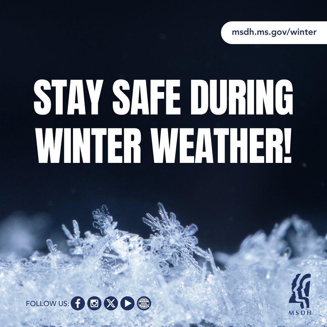 🌨️ Prepare for Winter Weather!  ❄️

❄️ Avoid carbon monoxide poisoning: No generators or gas grills indoors.
❄️ Keep food safe: Fridge safe for 4 hrs during outages; boil water if needed.
❄️ Stay warm &amp; watch for frostbite or hypothermia.

📲 More tips: msdh.ms.gov/winter