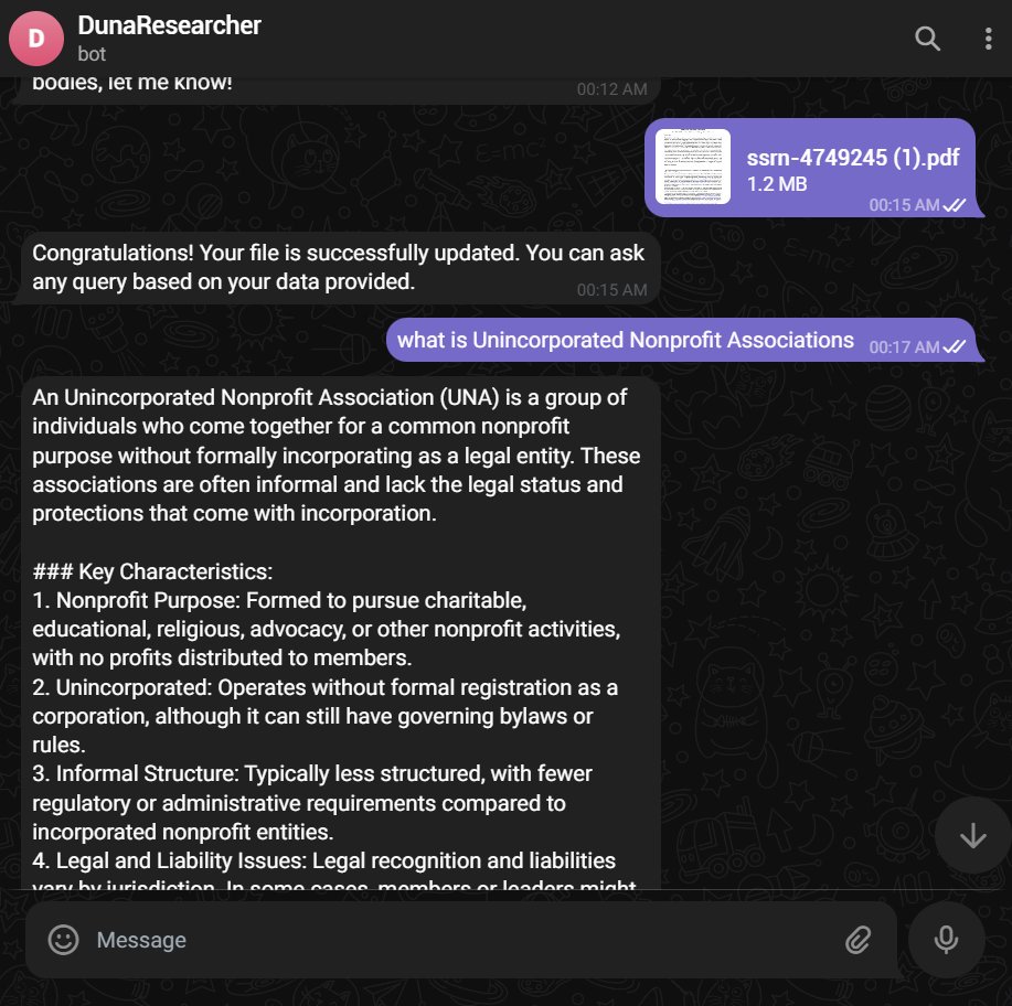 {surprise drop}
probably first of it's kind, RAG on Tg - Duna DefAI Researcher. upload your financial data, documents or pretty much any pdf/txt and query our model directly, it's like your own custom GPT on TG!

stay tuned for more usecases! #DUNADefAI