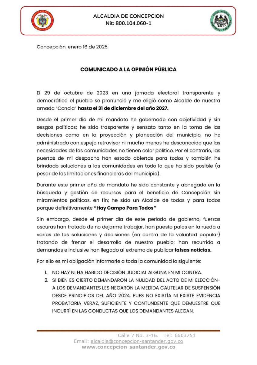 CanalTRO's tweet photo. #Noticia🔴| El alcalde de Concepción (Santander) Eduar Abril aclara que no existe ninguna decisión judicial en su contra por doble militancia. Indica además que a sus demandantes les negaron la medida cautelar por falta de pruebas fehacientes que demostraran las conductas que ellos alegan.