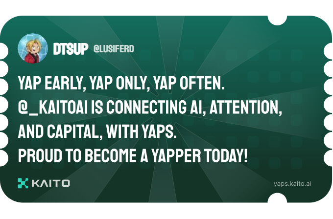 Lus1ferd's tweet photo. Yap early, yap only, yap often.

@_kaitoai is connecting AI, attention and capital with Yaps.

Just claimed my social card and I'm accumulating Yap points in real-time.

Claim yours 👉 https://t.co/Aokwr3lTDN https://t.co/1qEUqMnpf5
