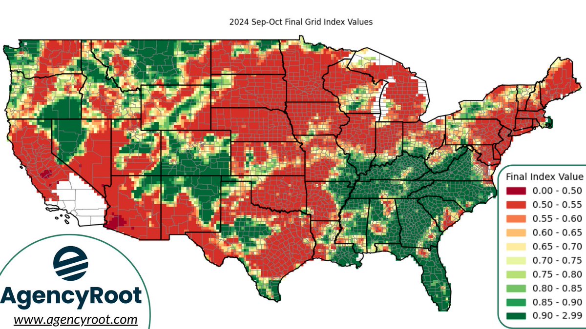 ♨️FINAL RAINFALL INDEX MAP

Final Sep.Oct 2024 Interval map is below showing all areas that triggered payments. 

🔴🟠= $ at lower coverage levels ☀️
🟡= $ at higher coverage levels 🌦️
🟢= $ at highest coverage levels ⛈️
Darkest Green = ❌$

<a href="/AgencyRoot/">AgencyRoot</a> Crop Insurance, Smarter!