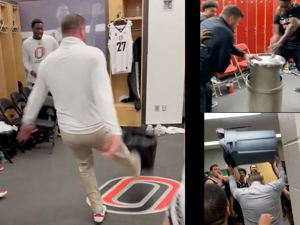 Omaha Basketball's Coach Going Belt To Ass On A Trash Can After A Win Is The Early Leader For Locker Room Celebration Of The Year buff.ly/3PE94K3