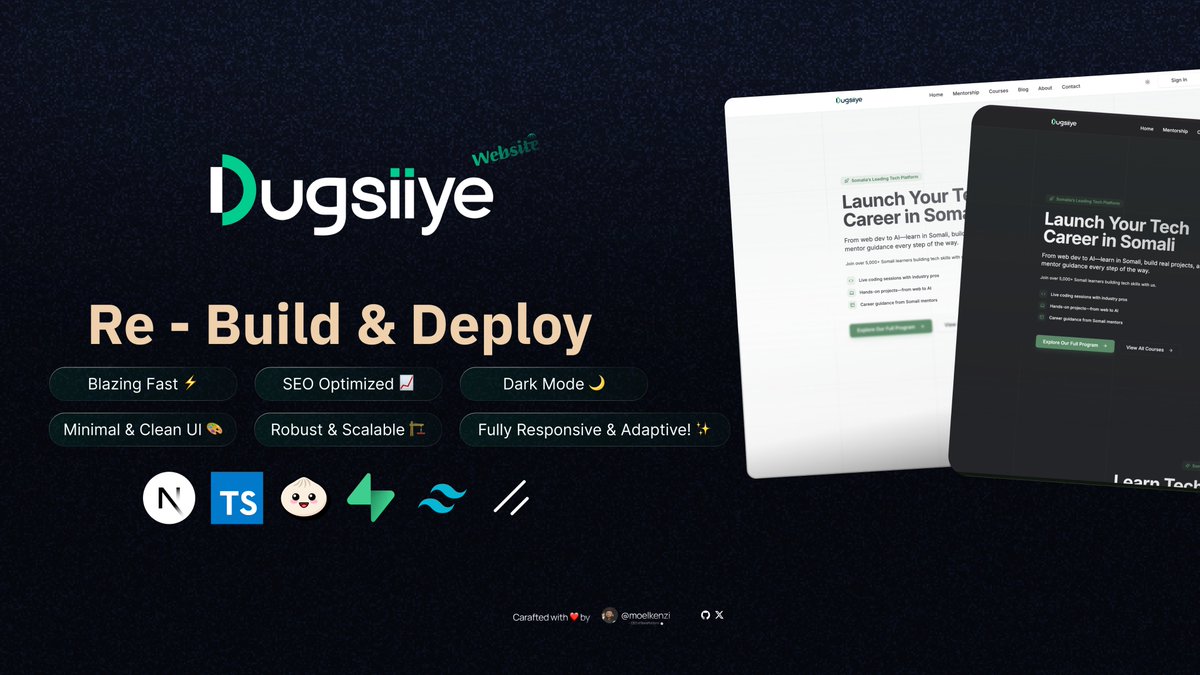 Hageapp_ai's tweet photo. Hi Folks! [ SomaliDev ] , We gonna re-built 🔥 and deployed with blazing fast speed, SEO optimization, dark mode, and a clean UI. Fully responsive and adaptable for all your tech learning needs in Somali.  
@BarePlatform @BareAcademySo
@dugsiiyeinc @mchamoudadev 
#SomaliTech #SNU https://t.co/Efzpvr6ZTJ
