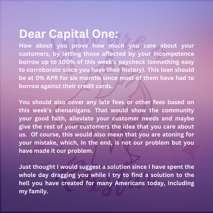 MetamorphosisRx's tweet photo. Dear @capitalone
#CapitalOneDown
#CapitalOneOutage
#CapitalOneFail
#capitalonebank
⬇️ ⬇️ ⬇️ https://t.co/vhsatUSvda
