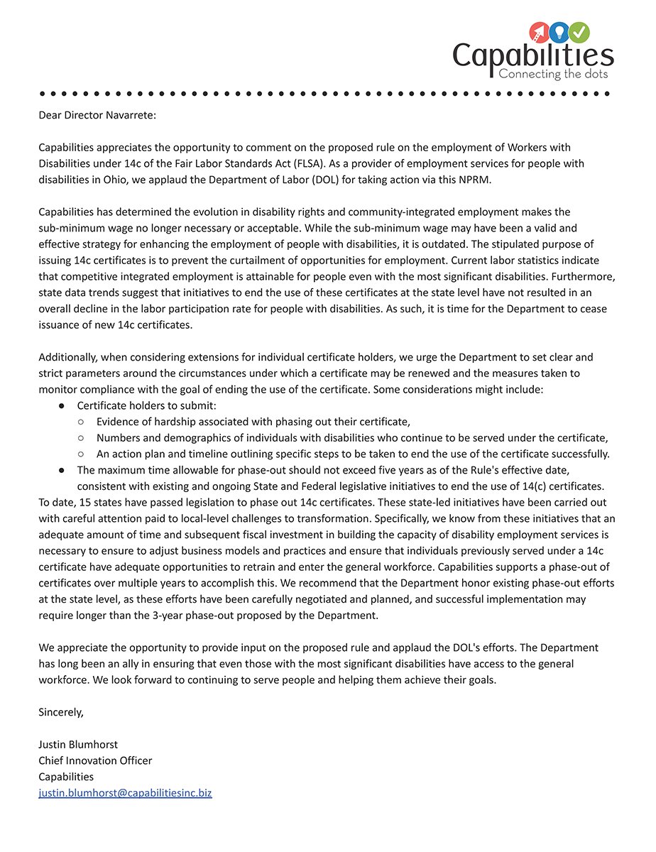 Here is Capabilities comments on the proposed rule for Employment of Workers with Disabilities under Section 14(c) of the Fair Labor Standards Act from the <a href="/USDOL/">U.S. Department of Labor</a>.
