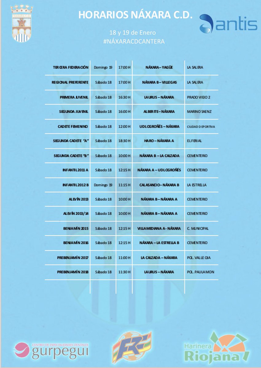 ⚽️ PARTIDOS NÁXARA C.D. ⚽️

Horarios del fin de semana 18 y 19 de Enero.

#AúpaNàxara #SoyDelNàxara