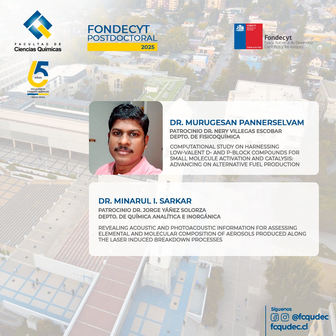 #FondecytPostdoc2025 ¡Felicitaciones a los nuevos investigadores!Los Dres. Murugesan Pannerselvam y Minarul I. Sarkar, con el apoyo de los Dres. Nery Villegas y Jorge Yañez, respectivamente, fueron seleccionados en el #FondecytPostdoc2025. 
¡Felicitaciones a todos!
