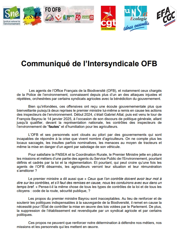 Communiqué de l'Intersyndicale OFB

Les personnels de notre établissement public sont mobilisés pour défendre nos métiers et nos missions !