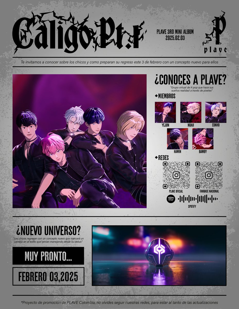 plavecolombiaof's tweet photo. Desde PLAVE Colombia 🇨🇴
Hemos hecho un promocional para dar a conocer a los chicos de PLAVE en LATAM y su próximo comeback que será el 3 de febrero! ✨🚨
#plave #플레이브 #PLLI #Bamby #EunHo #YeJun #Noah #Hamin #virtualkpop #vlast #Asterum #PLAVE_3rd_Mini_Album #Caligo_Pt1 https://t.co/cPu9618IXI