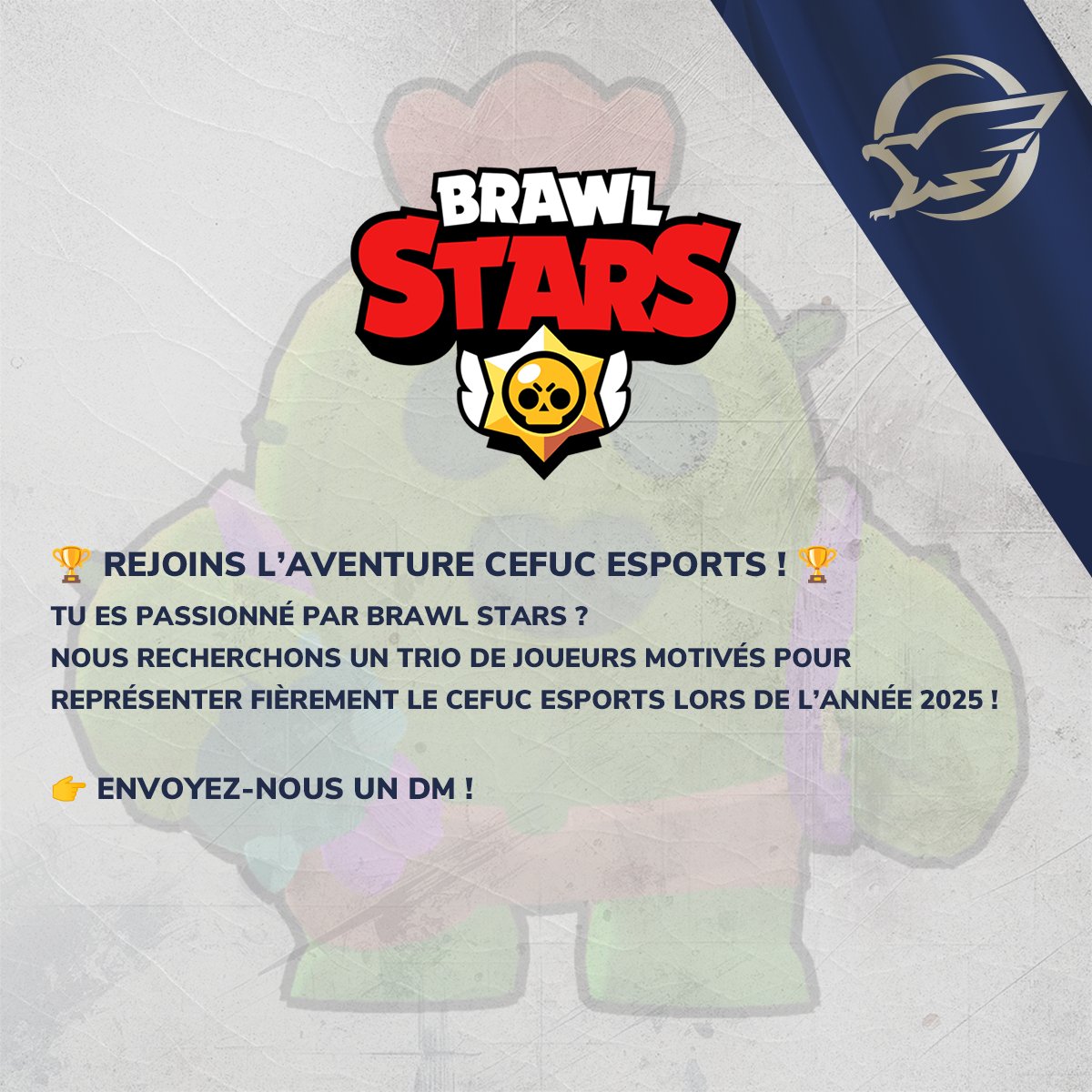 Cefuc_Esports's tweet image. 🎮 Brawl Stars : On recrute !

Passionné par l'esport et prêt à briller en 2025 ? 🌟

Le CEFUC Esports cherche un trio de joueurs pour représenter nos couleurs !

🏆 Envoie-nous un DM et rejoins l’aventure. 💥