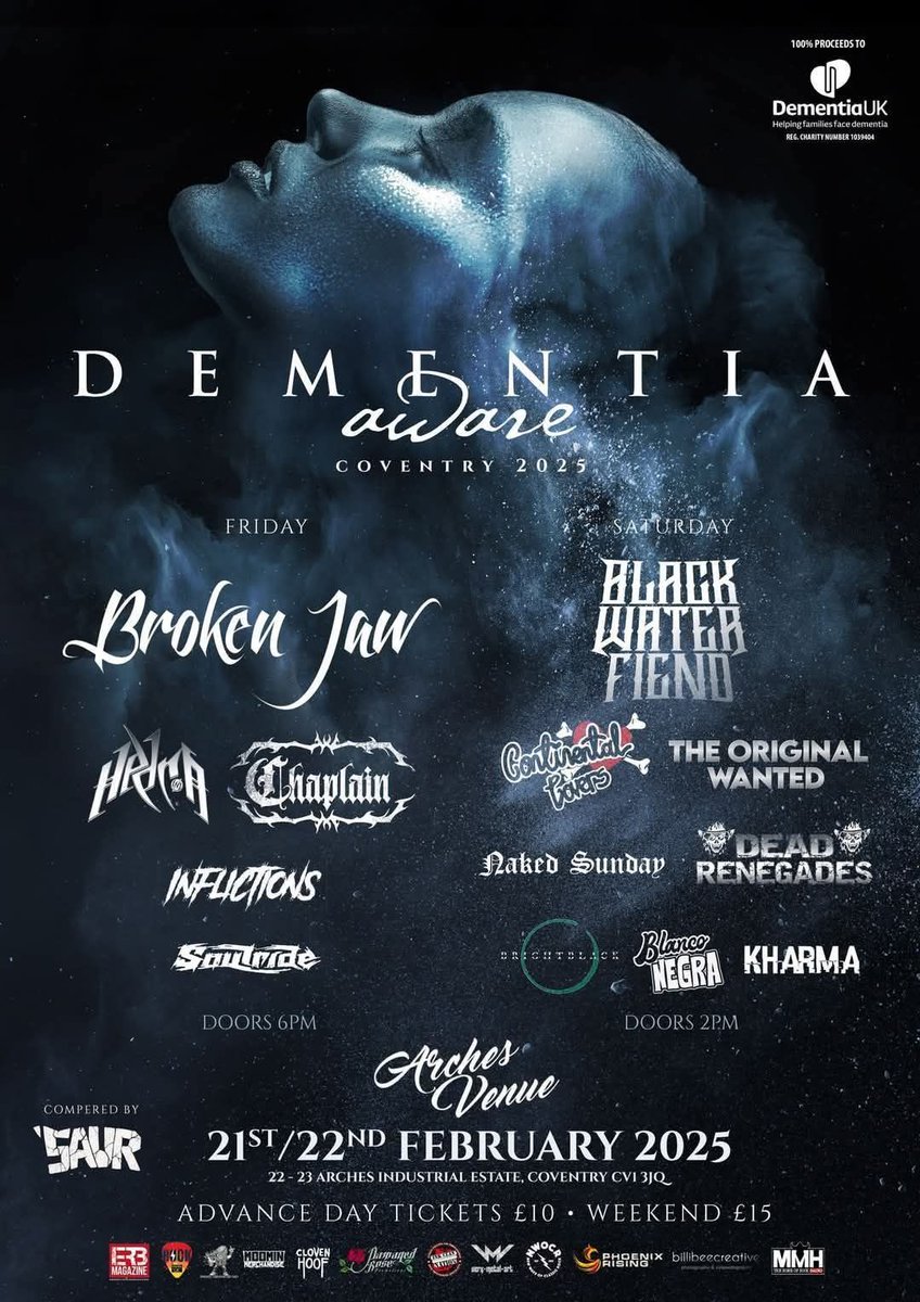 Arches Venue (@archesvenuecov) on Twitter photo The 2025 Dementia Aware Festival is just over a month away now & will feature 13 bands over two days! 🤘
Dementia Aware Festival is a two day rock and metal music festival, raising money for <a href="/DementiaUK/">Dementia UK</a>! 💙
Ticket link in bio! 🔗
#dementiaawarefestival #archesvenue #coventry The 2025 Dementia Aware Festival is just over a month away now & will feature 13 bands over two days! 🤘
Dementia Aware Festival is a two day rock and metal music festival, raising money for <a href="/DementiaUK/">Dementia UK</a>! 💙
Ticket link in bio! 🔗
#dementiaawarefestival #archesvenue #coventry