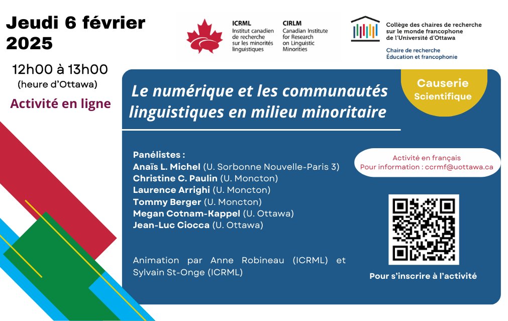 CCRMF (@ccrmf_uottawa) on Twitter photo Causerie scientifique
📅Jeudi 6 février 2025⏲️12h-13h, en ligne.
Cette causerie accompagne la sortie de 3 articles de <a href="/MLS_LMS/">Min_ling_et société/Ling_Min and Society</a> "Le numérique et les communautés linguistiques en milieu minoritaire : rôles, impacts et enjeux"
Pour participer▶️uottawa-ca.zoom.us/j/98670295442?… Causerie scientifique
📅Jeudi 6 février 2025⏲️12h-13h, en ligne.
Cette causerie accompagne la sortie de 3 articles de <a href="/MLS_LMS/">Min_ling_et société/Ling_Min and Society</a> "Le numérique et les communautés linguistiques en milieu minoritaire : rôles, impacts et enjeux"
Pour participer▶️uottawa-ca.zoom.us/j/98670295442?…