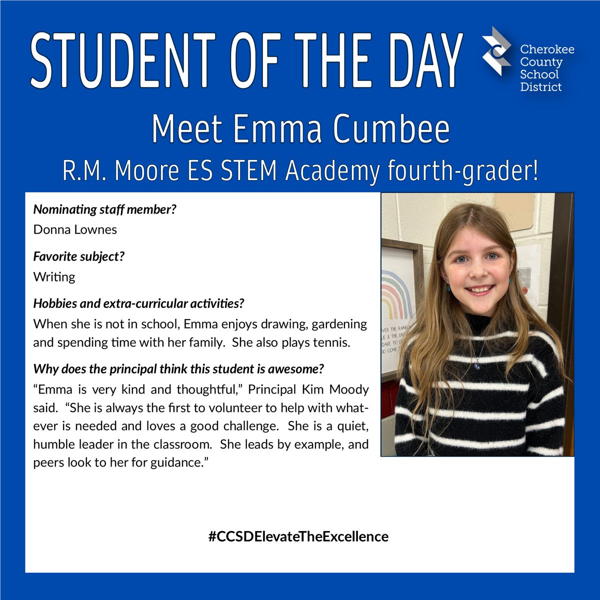CCSD's "Student of the Day" is announced on WLJA 101.1 FM between 7-7:15 a.m. and 5-5:15 p.m. each school day, and we highlight these outstanding students here, too. #CCSDElevateTheExcellence