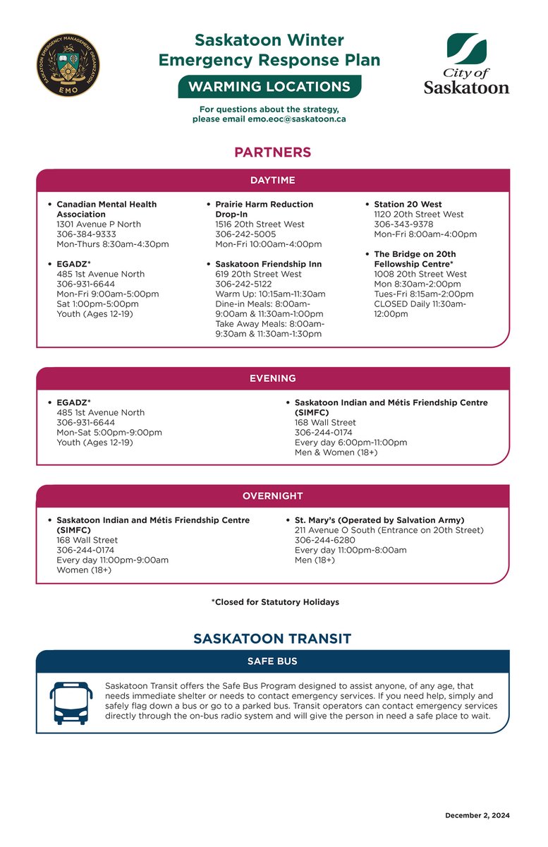 SaskatoonEMO's tweet photo. The Saskatoon Winter Emergency Response Plan will be activated to a Level II from Jan 17-22. Please share the latest list of warm-up locations across #yxe and keep an eye out for anyone who may need assistance.

For more information, visit https://t.co/aZWuZZGXBR. https://t.co/MObopTxPnB