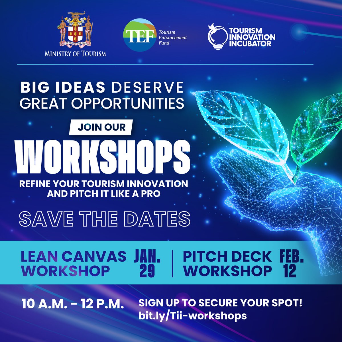 Big ideas deserve great opportunities! 🚀
Join the Tourism Innovation Incubator’s Lean Canvas and Pitch Deck workshops, designed to help you refine your tourism innovation and pitch it like a pro.

🗓️ Lean Canvas: 29 Jan
🗓️ Pitch Deck: 12 Feb.
🔗: bit.ly/Tii-workshops
