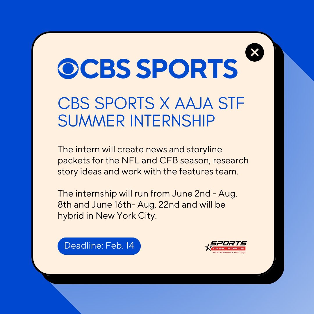 AAJAsports's tweet photo. ‼️SPORTS INTERNSHIP ALERT ‼️ 🎥🎤📱(a thread)

 @cbssports 🤝 @aaja 

https://t.co/O2WbURzQPn

Deadline to apply Feb 14 ✍️

#AAJA #internships #sportsjournalism #CBSSports https://t.co/wyMDC8rM37