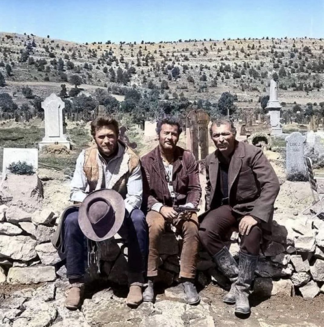 TheCinesthetic's tweet photo. Clint Eastwood, Eli Wallach, and Lee Van Cleef on set of The Good, the Bad and the Ugly (1966) https://t.co/9hQorHSNQu