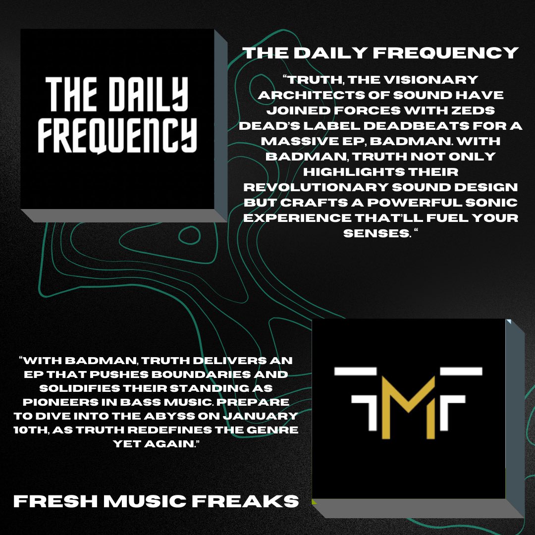 truthdubstep's tweet photo. WOW! The amount of support we've received from our new Badman EP has been incredible!

Big thanks to 
@EDMManiac @FreshMusicFreak , @DailyFrequency 
@TheFestVoice , & @RelentlessBeats for highlighting the EP!

The EP is available everywhere on @deadbeats … huge love to everyone who's tuned in!! 🐙🔥🔥