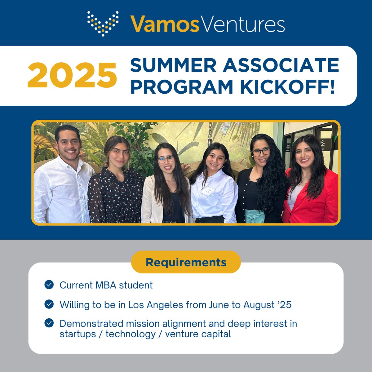 🚨 2025 VAMOSVENTURES SUMMER ASSOCIATE PROGRAM APPLICATIONS ARE NOW OPEN 🚨

Learn more + apply before 1/31 here ➡️ 
bit.ly/ApplytoVV

We look forward to meeting you!