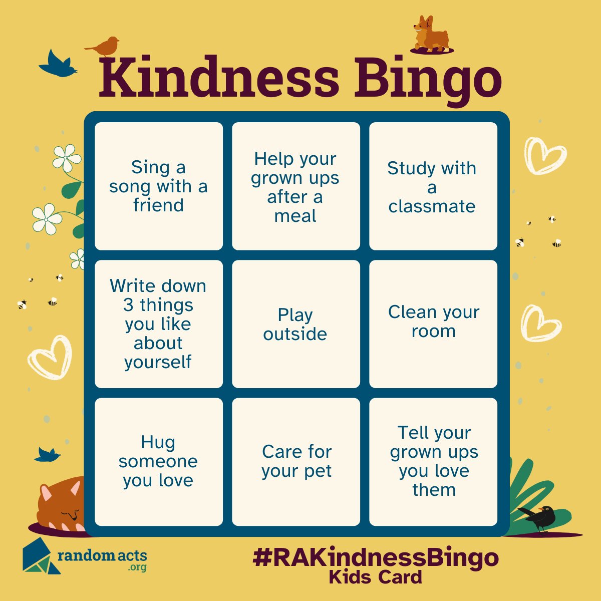 Do you need inspiration to be kind this weekend? Perfect, we're hosting another Kindness Bingo!

Make sure to share your acts with the hashtag #RAKindnessBingo, so we can see your acts of kindness and stamp your cards.<

– Krissi

<a href="/RandomActsOrg/">Random Acts</a>