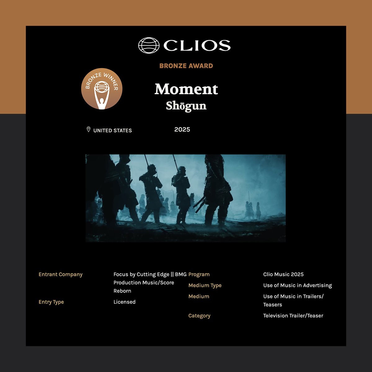 focusceg's tweet photo. We're starting off the new year on a good note after taking home an award at the Clio Music Awards 2025! Congratulations to our partners, and to the Focus team, for receiving the Bronze Award in Use of Music in Trailers/Teasers for Shōgun's official teaser, "Moment". https://t.co/Y4aWEcff9r
