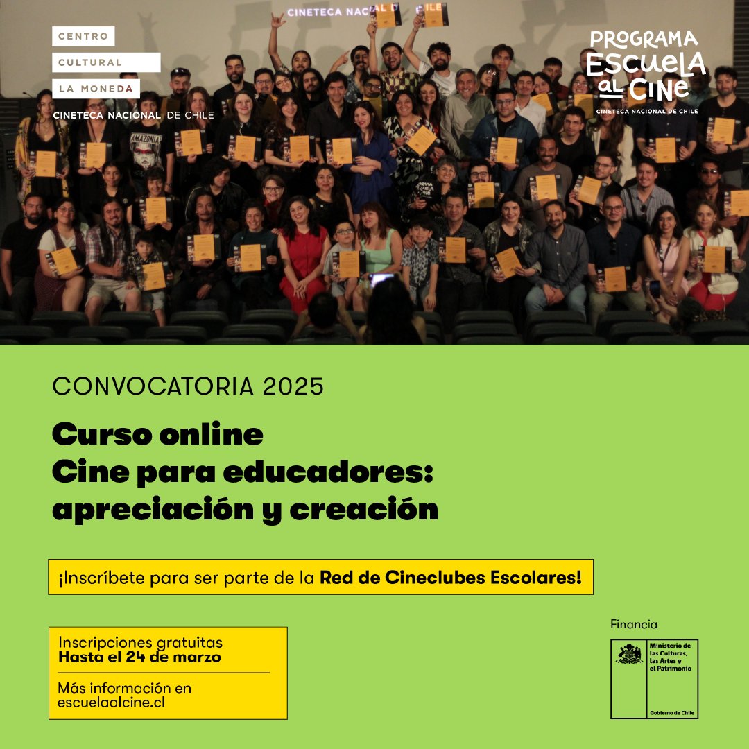 🌟 ¡Convocatoria 2025 abierta! 🌟

El  curso online y gratuito  del Programa Escuela al Cine es el primer paso para ingresar a la Red de  Cineclubes Escolares e integrar el cine como herramienta pedagógica en  las aulas. 

Información e inscripciones: escuelaalcine.cl/convocatoria-2…