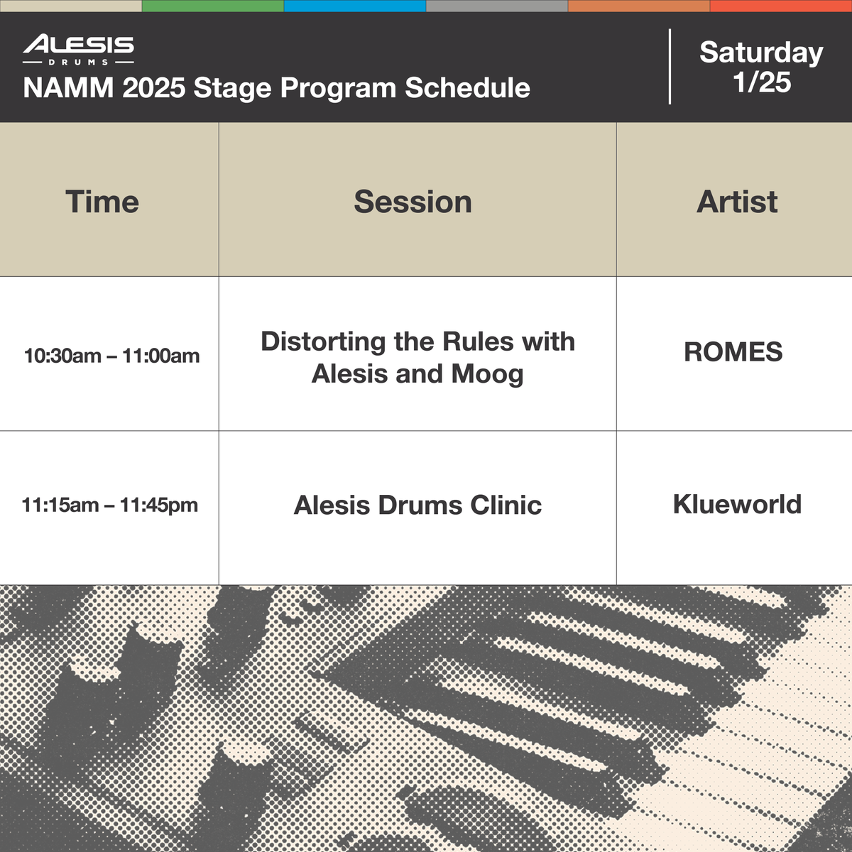 We’re en route to this year’s #NAMMShow with two very special clinics and performances in store from ROMES and @klueworld.

We hope to see you on Saturday, January 25th in room 204A from 10 AM to 5 PM.

#Alesis #AlesisDrums #NAMM #NAMM2025