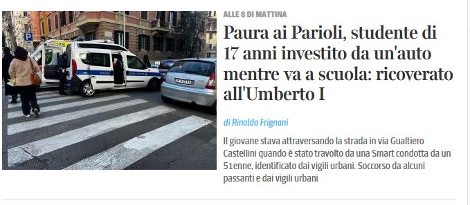 <a href="/VIVINSTRADA/">NuovaSicurezzaStrada</a> <a href="/Diritti_Pedoni/">Movimento Diritti dei Pedoni</a> 
Periferia o centro e uguale.
I ns figli per arrivare a scuola devono prima affrontare la roulette russa in strada, non per niente  principale causa di morte per la fascia d'età 15-44 anni sono gli incidenti stradali.
Ma tanto.. #sonosoloincidenti