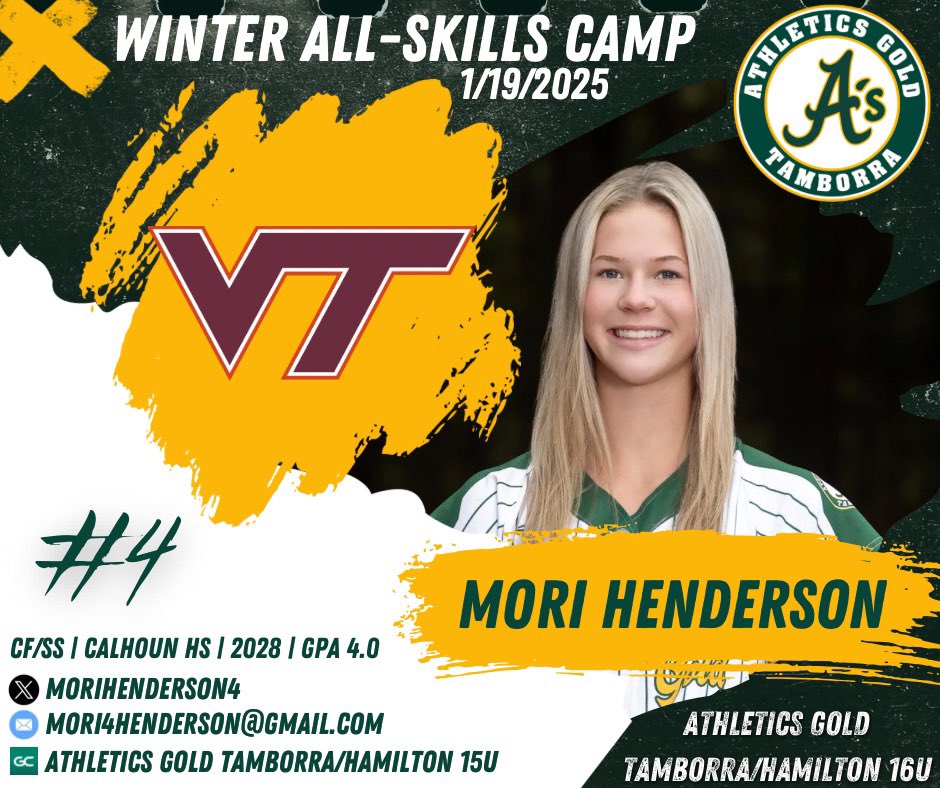 Athletics Gold Tamborra ‘09 (@athleticsgold09) on Twitter photo Wishing our ⭐️ in the OF and at the plate, <a href="/MoriHenderson4/">Mori Henderson</a>, all the best this weekend as she heads to <a href="/HokiesSoftball/">Virginia Tech Softball</a> for their Winter All-Skills Camp on Sunday, January 19th!
Thank you in advance to the following coaches - <a href="/VTechSBcoach/">Pete</a>, <a href="/michaellew10/">Mike Lewis</a>, <a href="/jjpower19/">Joshua Johnson, PhD</a> & <a href="/HuemulMata/">Huemul Mata</a> Wishing our ⭐️ in the OF and at the plate, <a href="/MoriHenderson4/">Mori Henderson</a>, all the best this weekend as she heads to <a href="/HokiesSoftball/">Virginia Tech Softball</a> for their Winter All-Skills Camp on Sunday, January 19th!
Thank you in advance to the following coaches - <a href="/VTechSBcoach/">Pete</a>, <a href="/michaellew10/">Mike Lewis</a>, <a href="/jjpower19/">Joshua Johnson, PhD</a> & <a href="/HuemulMata/">Huemul Mata</a>