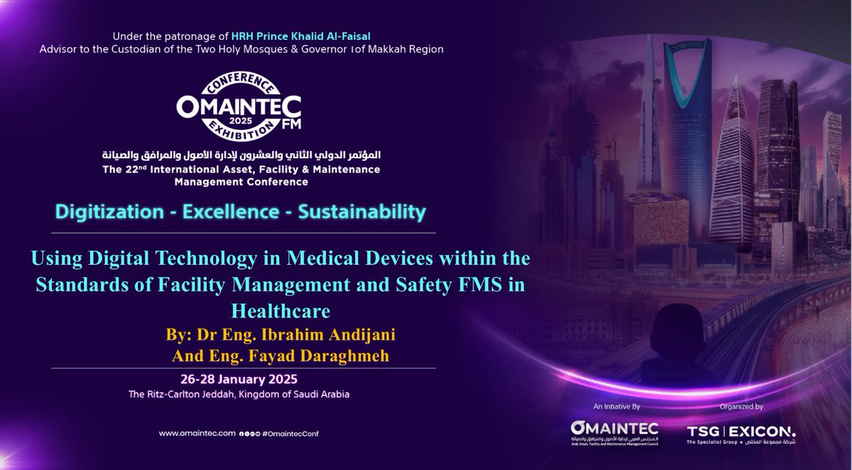 DrAndijani's tweet photo. مشاركتي القادمة بالمؤتمر الدولي الثاني والعشرون لإدارة الأصول والمرافق والصيانة #OMAINTEC_FM في فندق ريتز كارلتون بجدة في ٢٦ يناير ٢٠٢٥هـ بورشة عمل بعنوان "استخدام التقنية الرقمية في الأجهزة الطبية ضمن معايير سلامة وإدارة المرافق FMS في الرعاية الصحية" https://t.co/EIMqU1rKdK