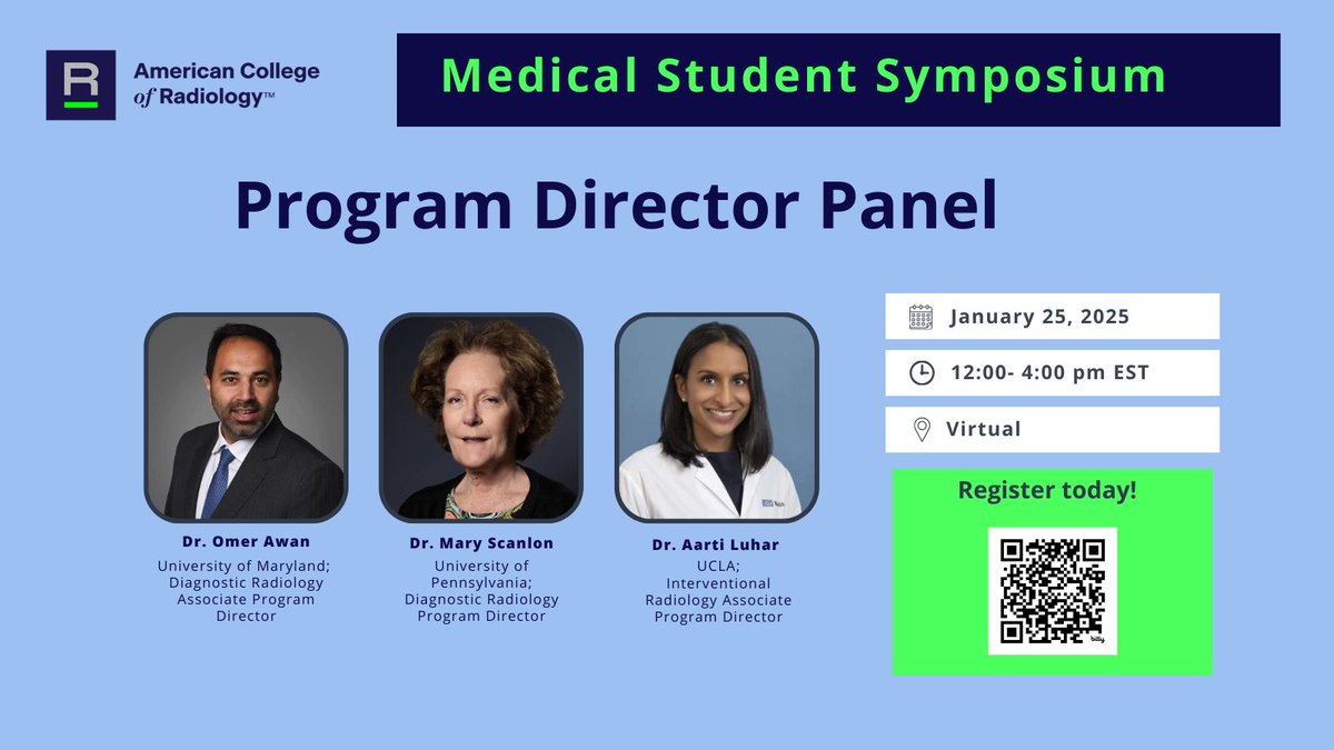 Who doesn’t love a program director panel?! Don’t forget to register for the <a href="/RadiologyACR/">American College of Radiology</a> Medical Student Symposium to get all of your residency application questions answered! #futureradres 

🔗Register here: bit.ly/3ZVgizp
