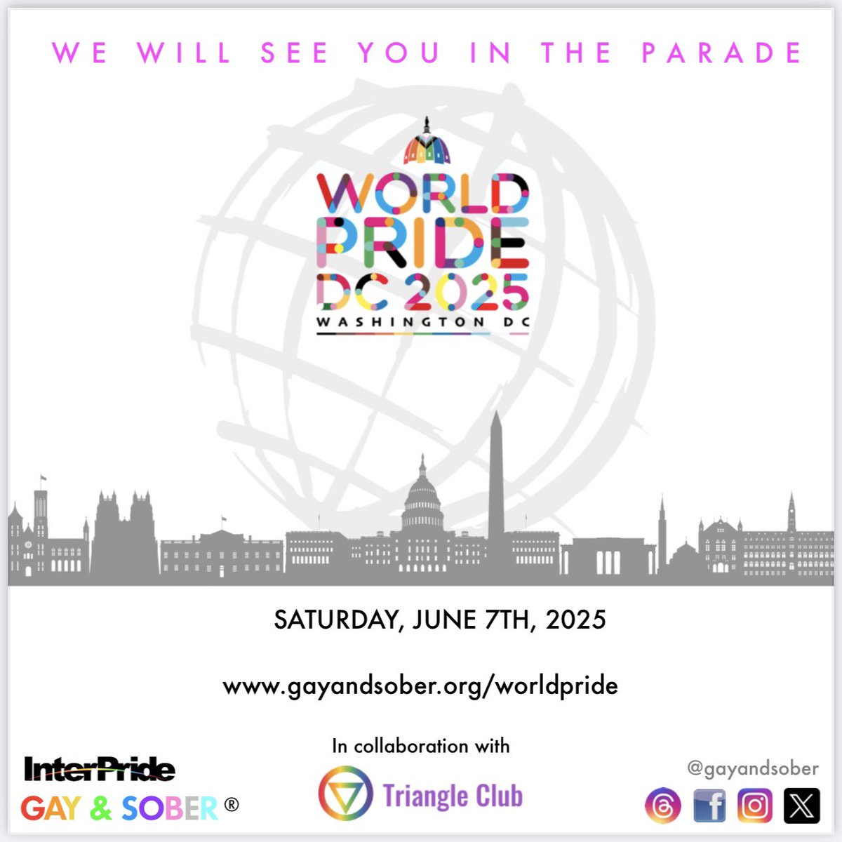 🏳️‍🌈For immediate release: Gay &amp; Sober will be in the parade at WorldPride in DC! 
Happy, Joyous and Free! Not a glum lot. #worldpride #gayandsober #LGBTQ 
gayandsober.org/worldpride