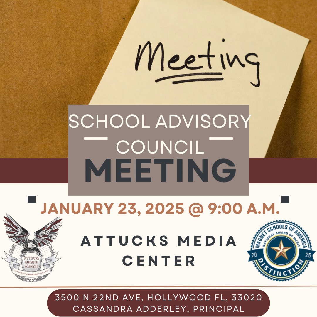 Attucks Middle (@attucksms) on Twitter photo All stakeholders are invited to our January, School Advisory Council Meeting. Continuous growth takes planning and continuous monitoring to meet school improvement goals. <a href="/CassandraAdder2/">Cassandra Adderley</a> <a href="/AlanStraussbcps/">Alan Strauss</a> <a href="/browardschools/">Broward Schools</a> <a href="/DonaldNicolas/">Dr. Donald G. Nicolas</a> <a href="/FatimaWillims/">Fatima Williams, Ed.S.</a> All stakeholders are invited to our January, School Advisory Council Meeting. Continuous growth takes planning and continuous monitoring to meet school improvement goals. <a href="/CassandraAdder2/">Cassandra Adderley</a> <a href="/AlanStraussbcps/">Alan Strauss</a> <a href="/browardschools/">Broward Schools</a> <a href="/DonaldNicolas/">Dr. Donald G. Nicolas</a> <a href="/FatimaWillims/">Fatima Williams, Ed.S.</a>