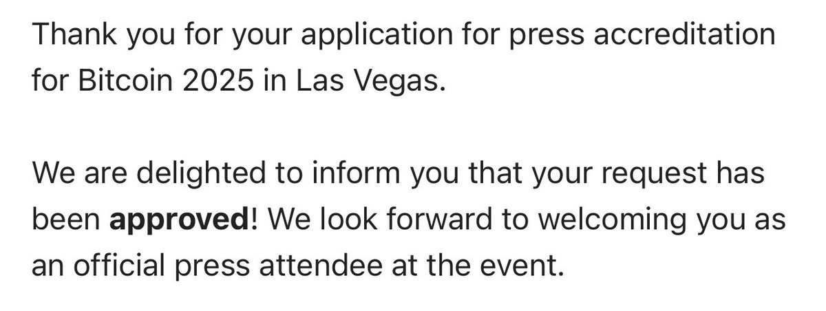 Web3BPP's tweet image. Thrilled to announce that our press accreditation for #Bitcoin2025 in Las Vegas has been approved 📰🔥
Can’t wait to cover this incredible event and bring insights to the community.
See you there, @TheBitcoinConf ! 🚀