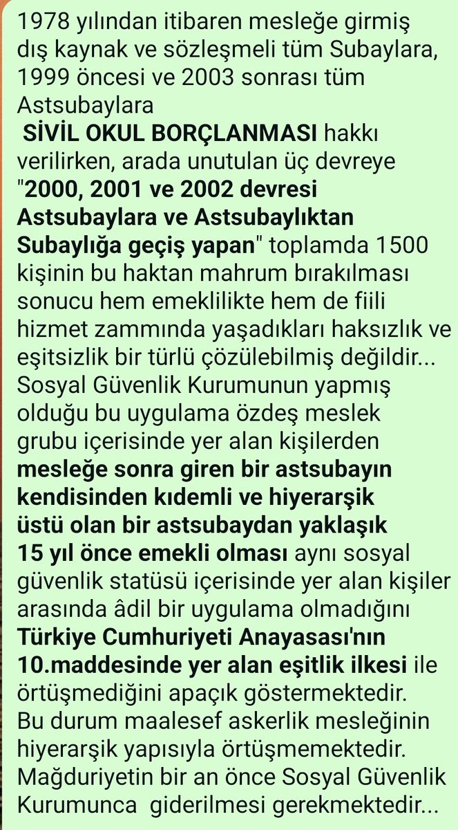 <a href="/ETTDER1999/">🧭 EMEKLİLİKTE TARİHE TAKILANLAR DERNEĞİ</a> 2000, 2001 ve 2002 devresi Astsubayların Sivil Okul Borçlanmaları KDK'nın uygulanması yönündeki TAM TAVSİYE kararına rağmen SGK tarafından kabul edilmeyerek  emekliliğimizi olumsuz etkiiyor. 2025 yılında bu mağduriyetimiz çözülsün istiyoruz.
#ÜniformalıSGKmağdurları