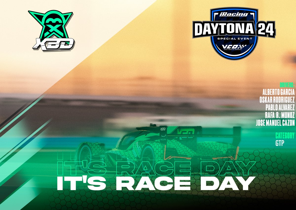 Volvemos una edición más a las #Daytona24 de <a href="/iRacing/">iRacing</a> 🤟

🏎️ GTP
<a href="/alberto_g85/">Alberto García</a>
<a href="/rafaleteruiz95/">Rafa Ruiz</a>
@nrg_leviathan
<a href="/Pabloalvarezreq/">Pablo</a>
<a href="/oskarodriguez17/">Oskar Rodriguez</a> 

¡Mucha suerte muchachos! 

Podréis seguir la carrera desde el canal de Alberto García 👇
📹 twitch.tv/agarciasr

#GreenPower #GoXBD